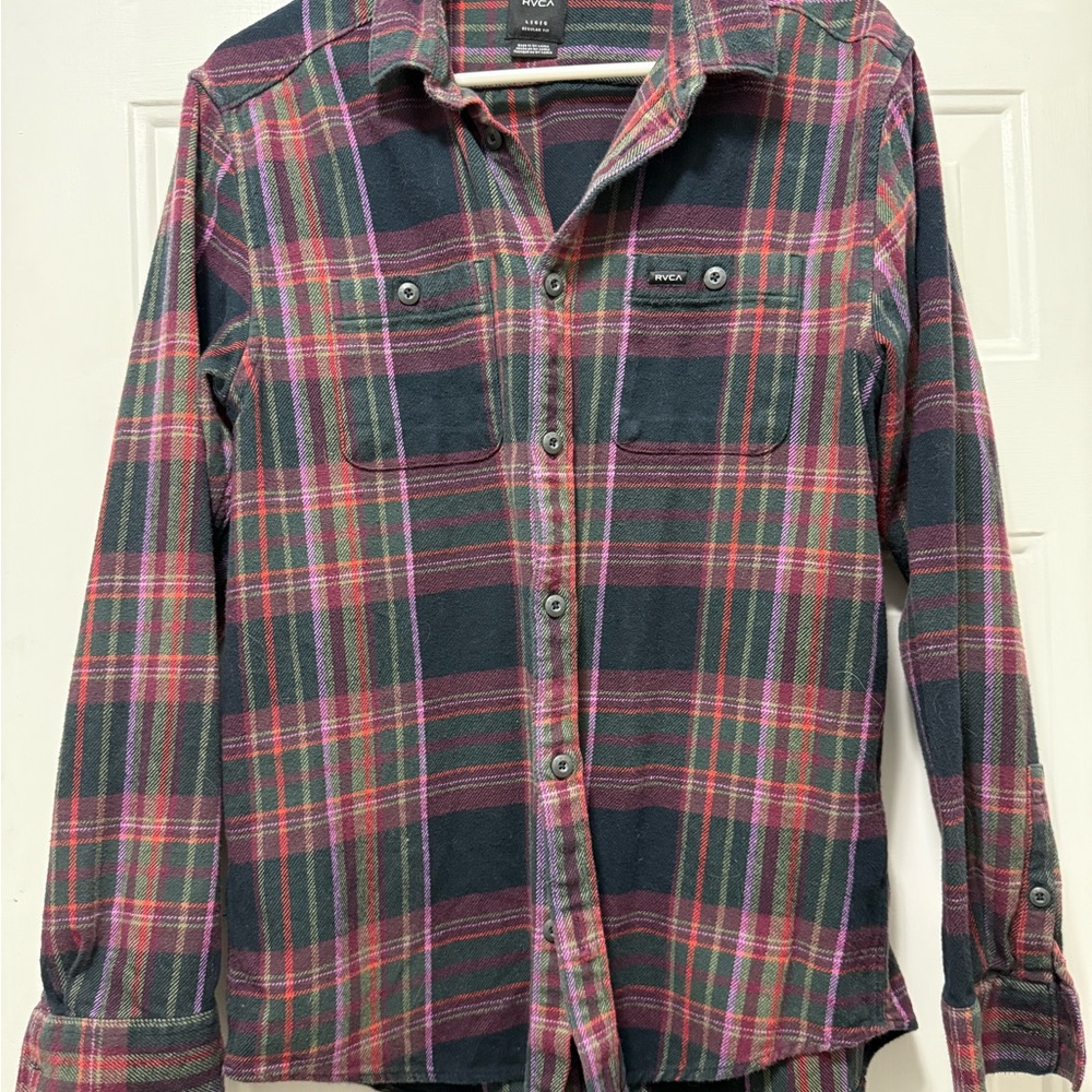RVCA Men's Plaid Button Down Shirt - Pink violet black slim L